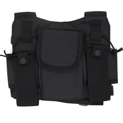 Black tactical chest rig vest with multiple pouches and adjustable straps for ham radio hip use and wist pouch holster storage