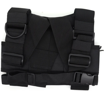 Black tactical chest rig with adjustable straps and durable webbing wist pouch holster for ham radio hip use