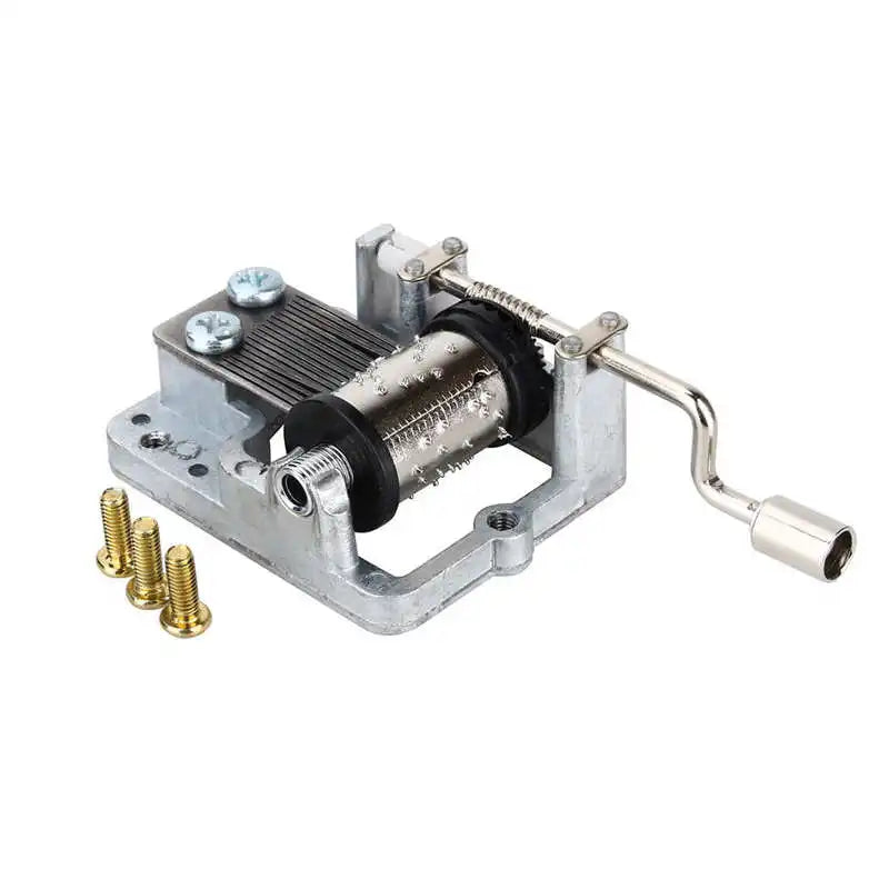 Silver-toned hand crank music box with visible diy craft mechanism gears and three brass screws for box musical movement