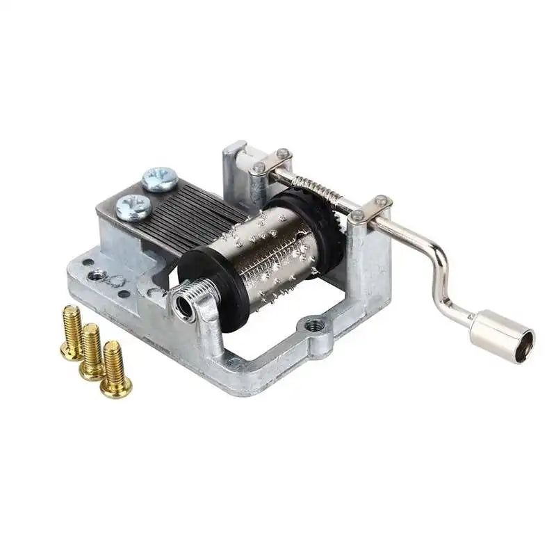 Silver-toned hand crank music box with visible box musical movement and three brass screws for diy craft mechanism