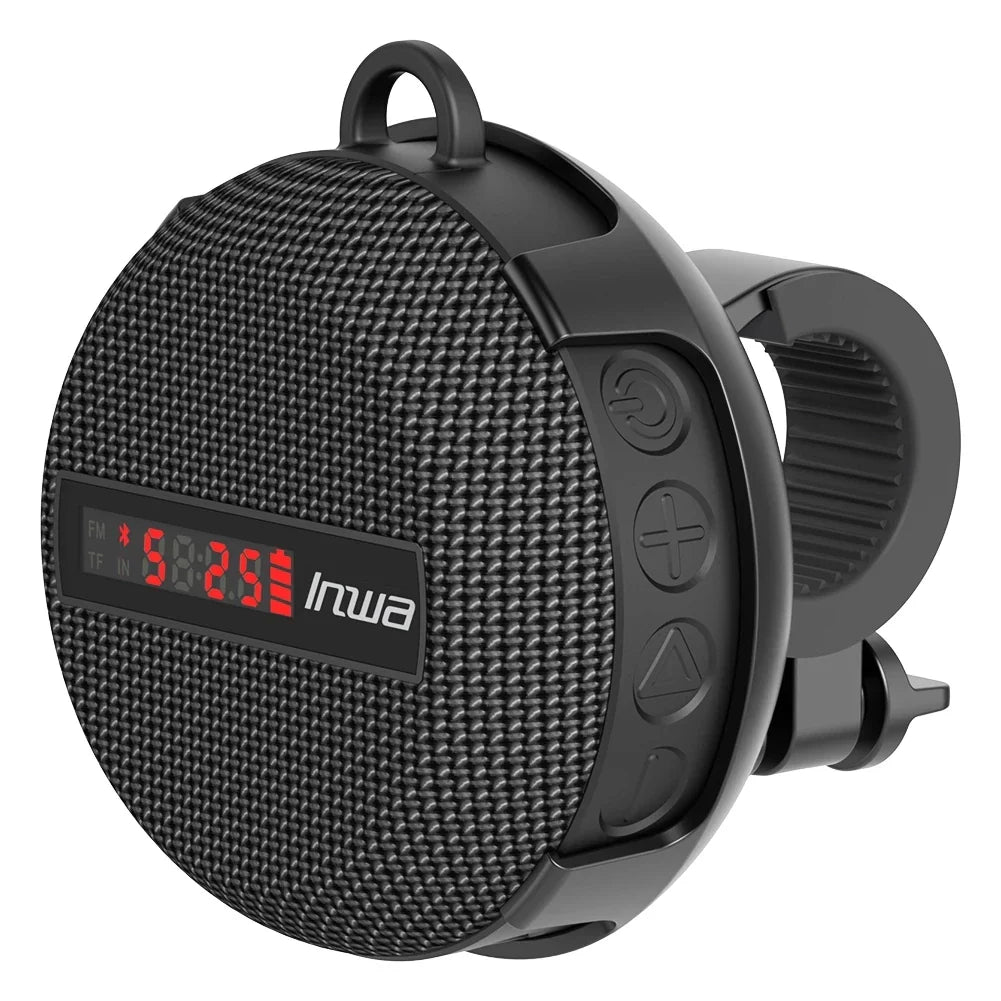 Black wireless portable caixa bluetooth speaker with textured fabric grille and mounting bracket for handfree blootooth handsfree use