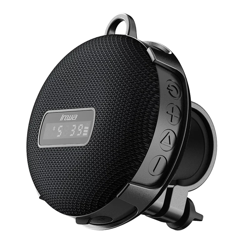 Black textured circular wireless portable caixa bluetooth speaker music sound box with digital display and control buttons side handfree blootooth handsfree