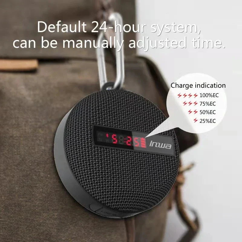 Black textured circular wireless portable caixa bluetooth speaker music sound box with digital display and metal carabiner clip