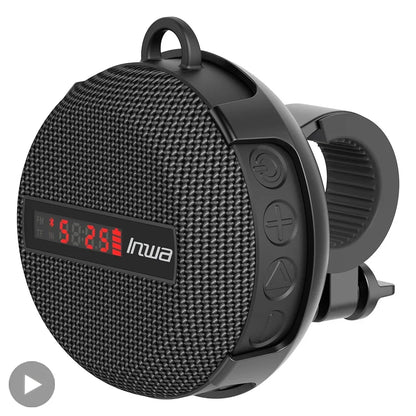 Black textured wireless portable caixa bluetooth speaker with digital display and bike mount for handfree blootooth handsfree use
