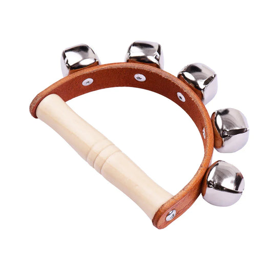 Brown leather handbell hand bells with five shiny silver jingle bells and cream wood handle musical instrument toy