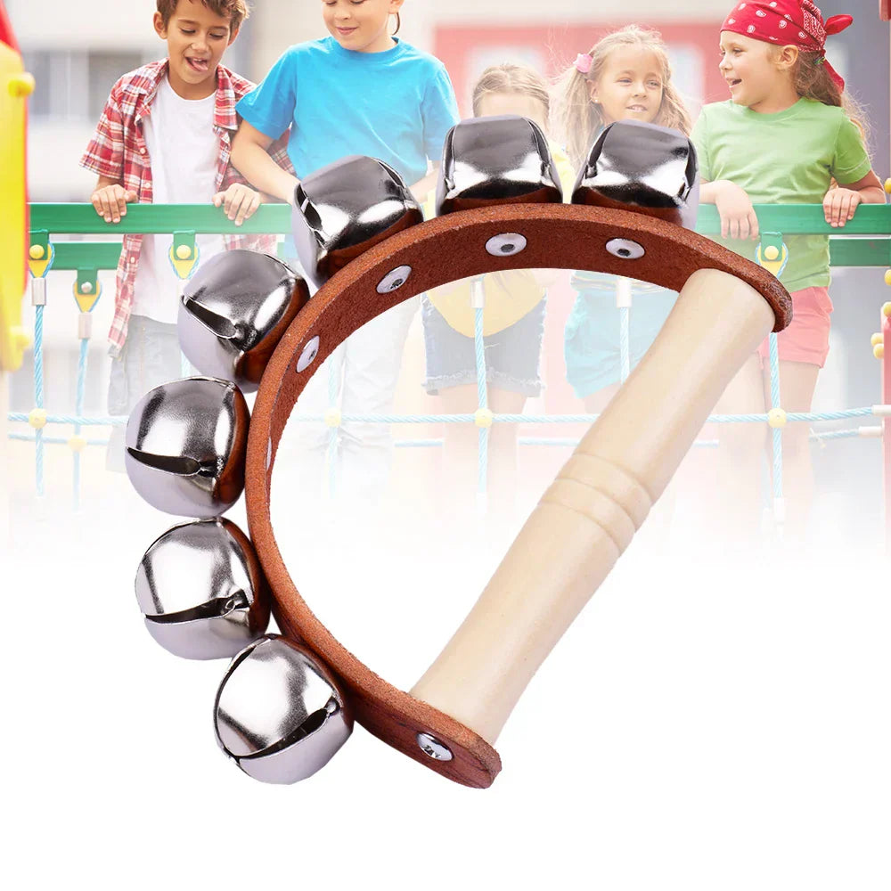 A brown leather-handled handbell hand bells with 7pcs jingle bells wood handle musical instrument toy for music class