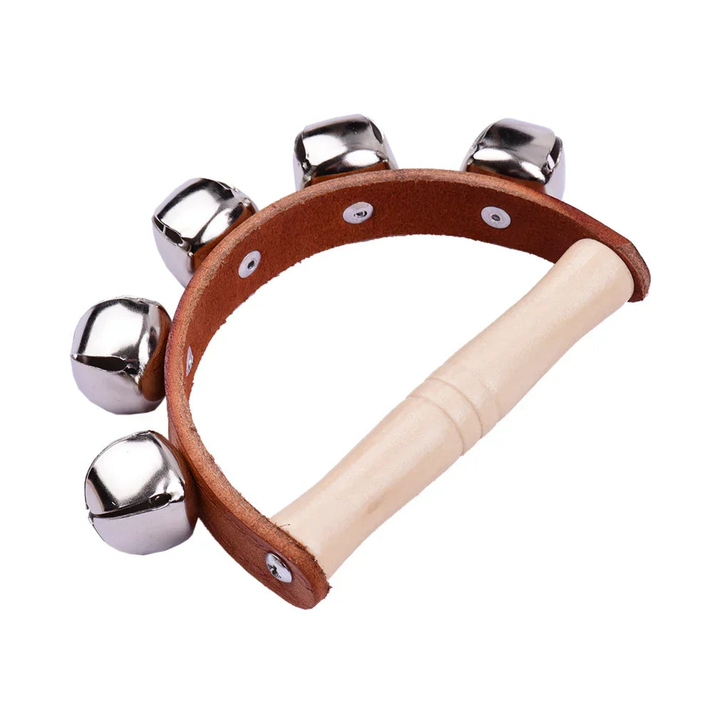 Brown leather handbell hand bells with 5 shiny silver jingle bells and wood handle musical instrument toy for class
