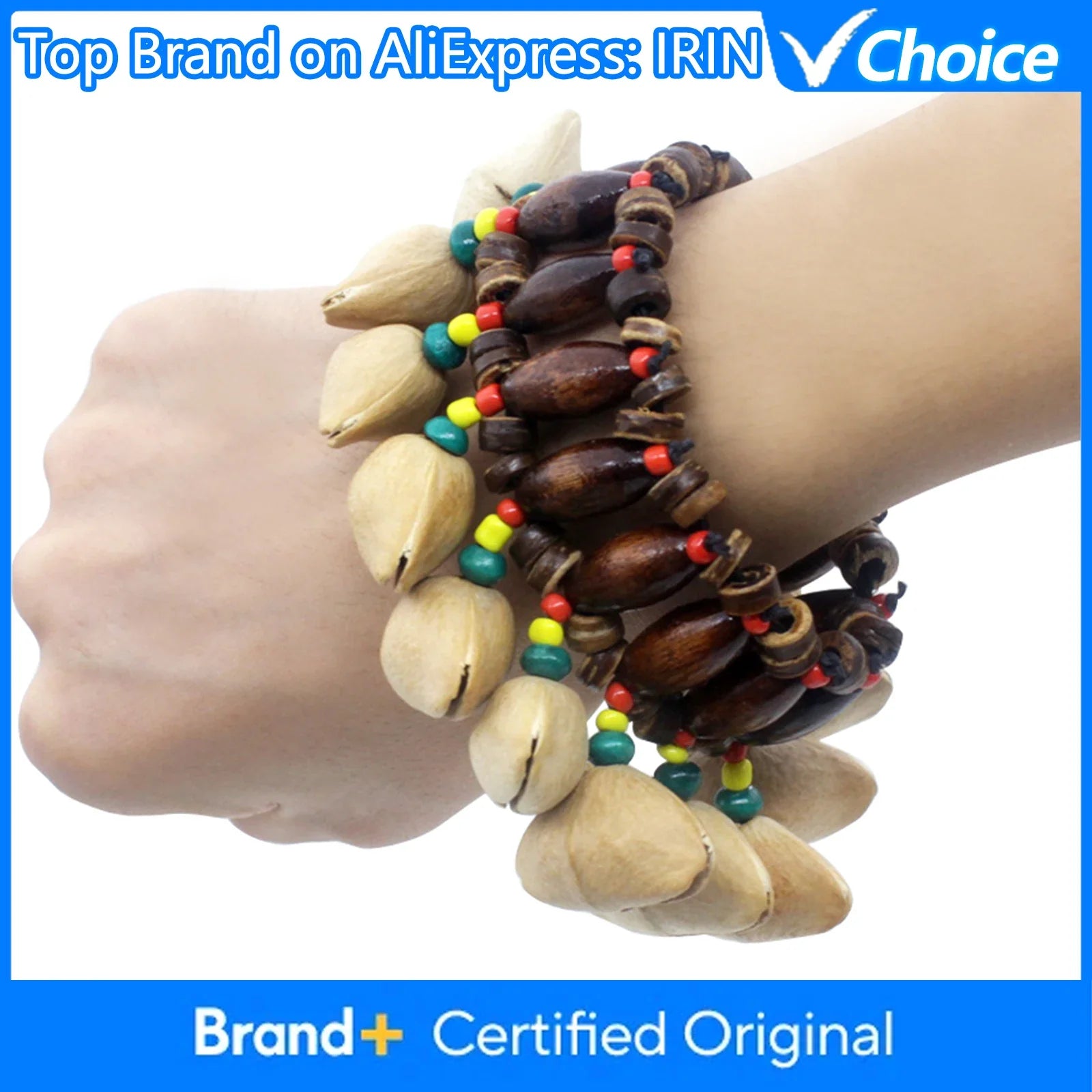 Handbells handmade nuts shell multi-strand bracelet with natural wood, shell beads, and colorful accents for djembe african drum and conga percussion accessories