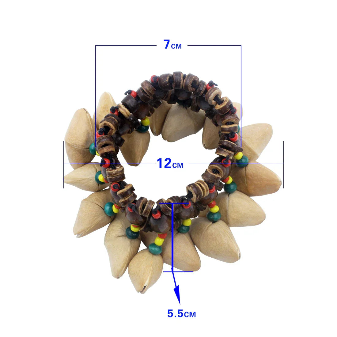A rustic handmade nuts shell bracelet with dark brown carved beads and colorful glass accents for djembe african drum and conga percussion accessories