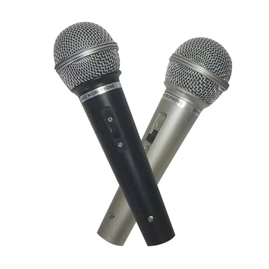 Two handheld dynamic microphones with black and silver mesh grilles for karaoke bbox recording and stage singing professional use
