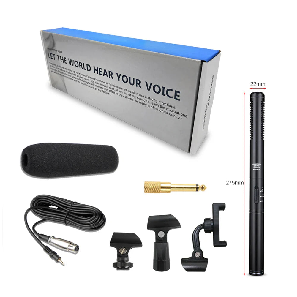 Black 275mm handheld interview microphone with foam windscreen and bracket for professional recording condenser shotgun use