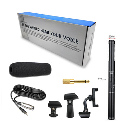 Black 275mm handheld interview microphone with foam windscreen and bracket for professional recording condenser shotgun use