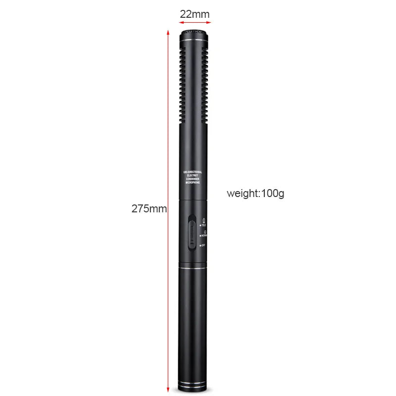 Black 275mm handheld interview microphone with unidirectional condenser shotgun design and silver accent ring for professional recording mic use