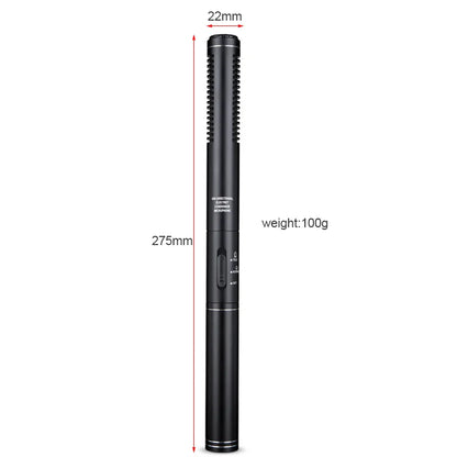Black 275mm handheld interview microphone with unidirectional condenser shotgun design and silver accent ring for professional recording mic use