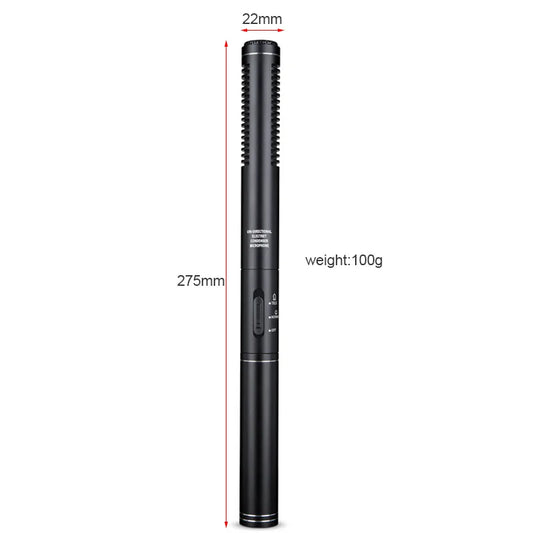 Black 275mm handheld interview microphone with unidirectional condenser shotgun design and silver accent ring for professional recording mic use