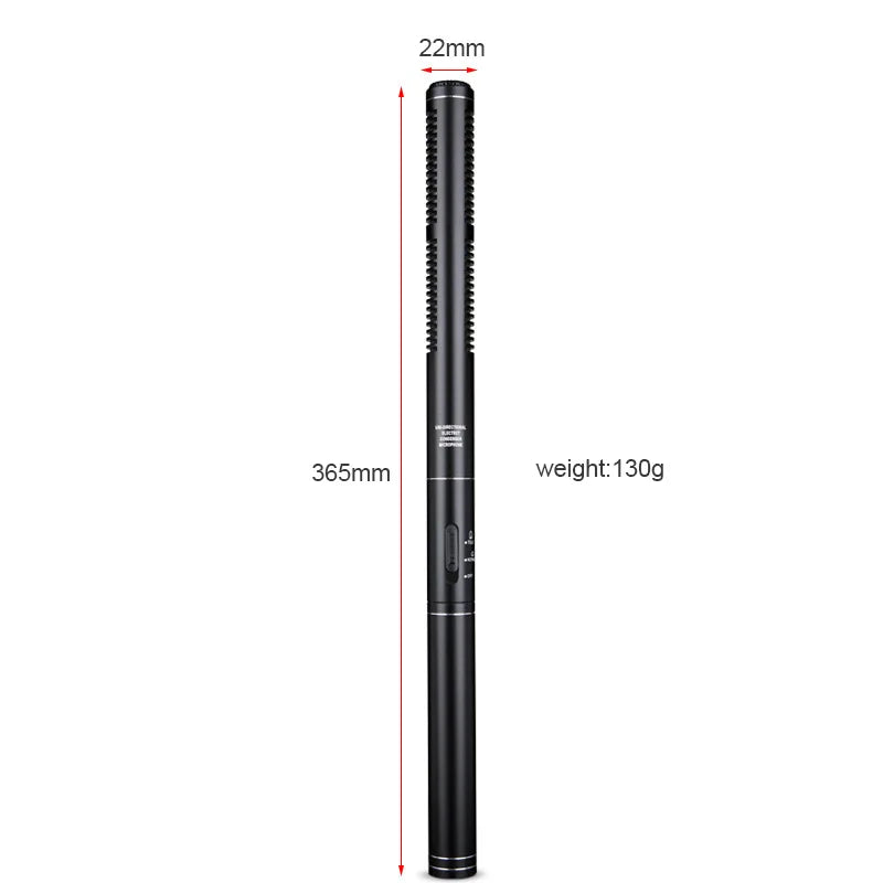 Black 365mm handheld interview microphone with textured grille and metallic accents condenser shotgun microphones for professional recording mic use