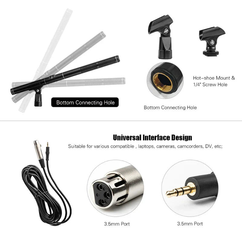 Black and silver handheld interview microphone cardioid condenser shotgun microphone with hot-shoe mount and 3.5mm ports for professional recording use