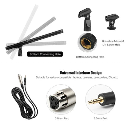 Black and silver handheld interview microphone cardioid condenser shotgun microphone with hot-shoe mount and 3.5mm ports for professional recording use