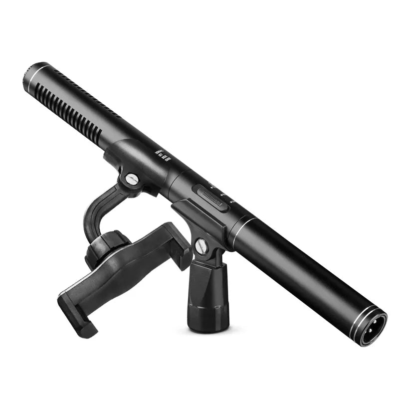 Black handheld interview microphone cardioid condenser shotgun microphone with matte finish and adjustable clip for dslr recording