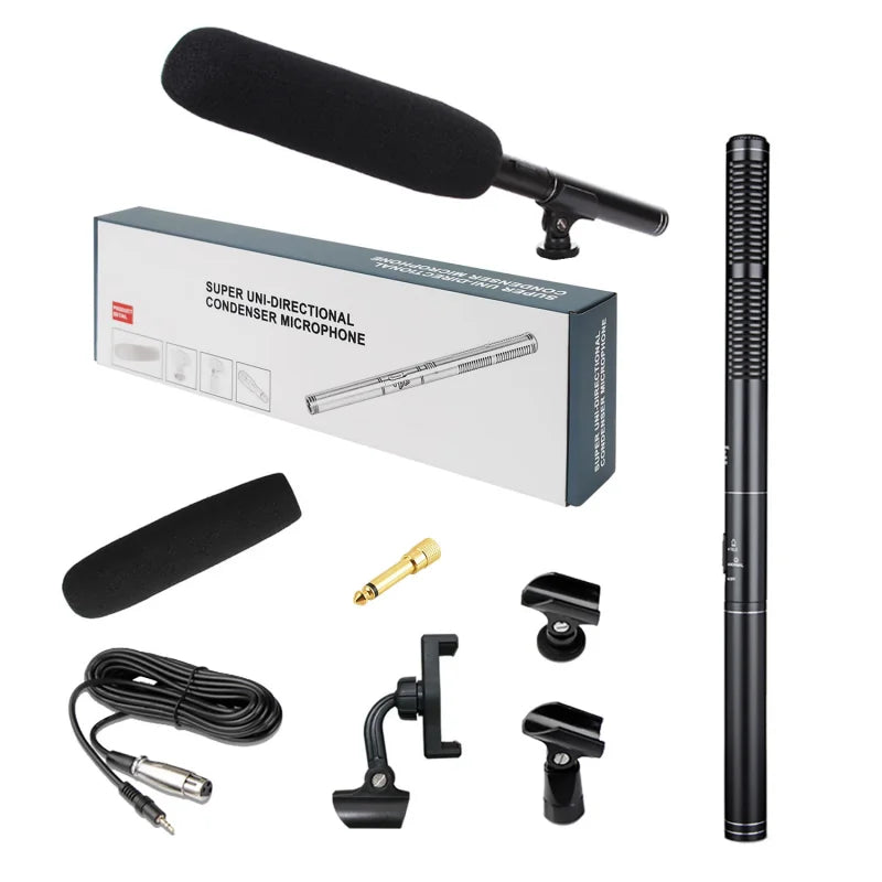 Black handheld interview microphone cardioid condenser shotgun mic with foam windscreen and shock mount for professional recording