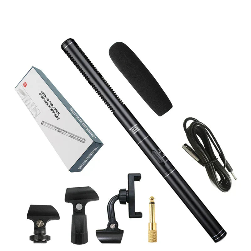Black handheld interview microphone with textured grip foam windscreen cardioid condenser shotgun mic for professional recording