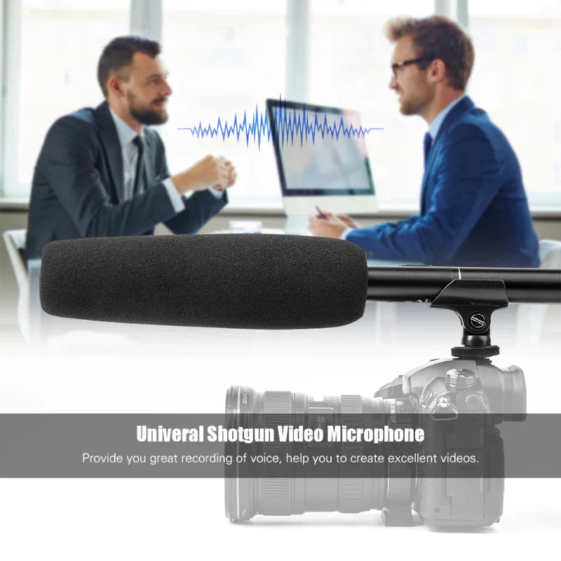 Black foam-covered handheld interview microphone with metallic body and adjustable bracket for professional recording mic use
