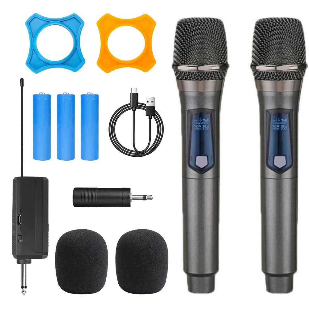 Two sleek dark gray professional dynamic uhf wireless microphones with blue led displays for karaoke live party use