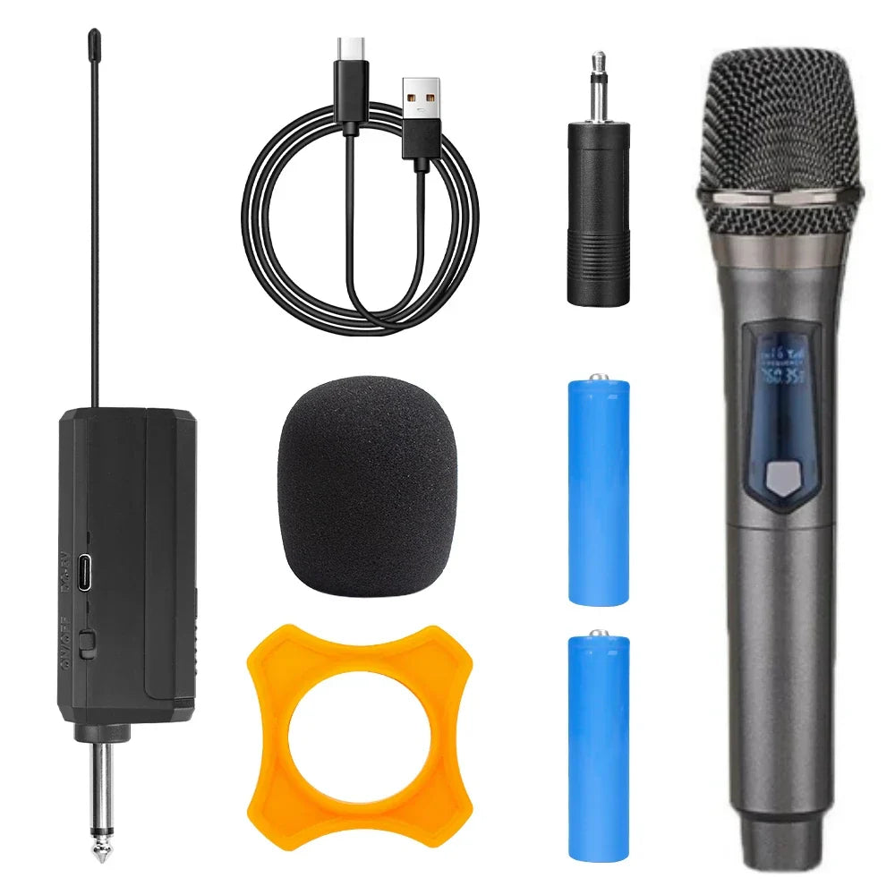 Gray handheld uhf wireless microphone with metallic grille and blue led display for karaoke live party and professional use