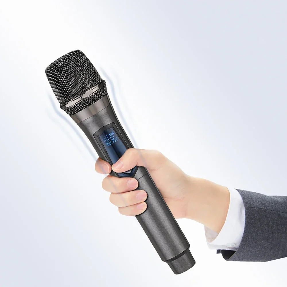Black handheld uhf wireless microphone with mesh grille and digital display for professional karaoke live party use