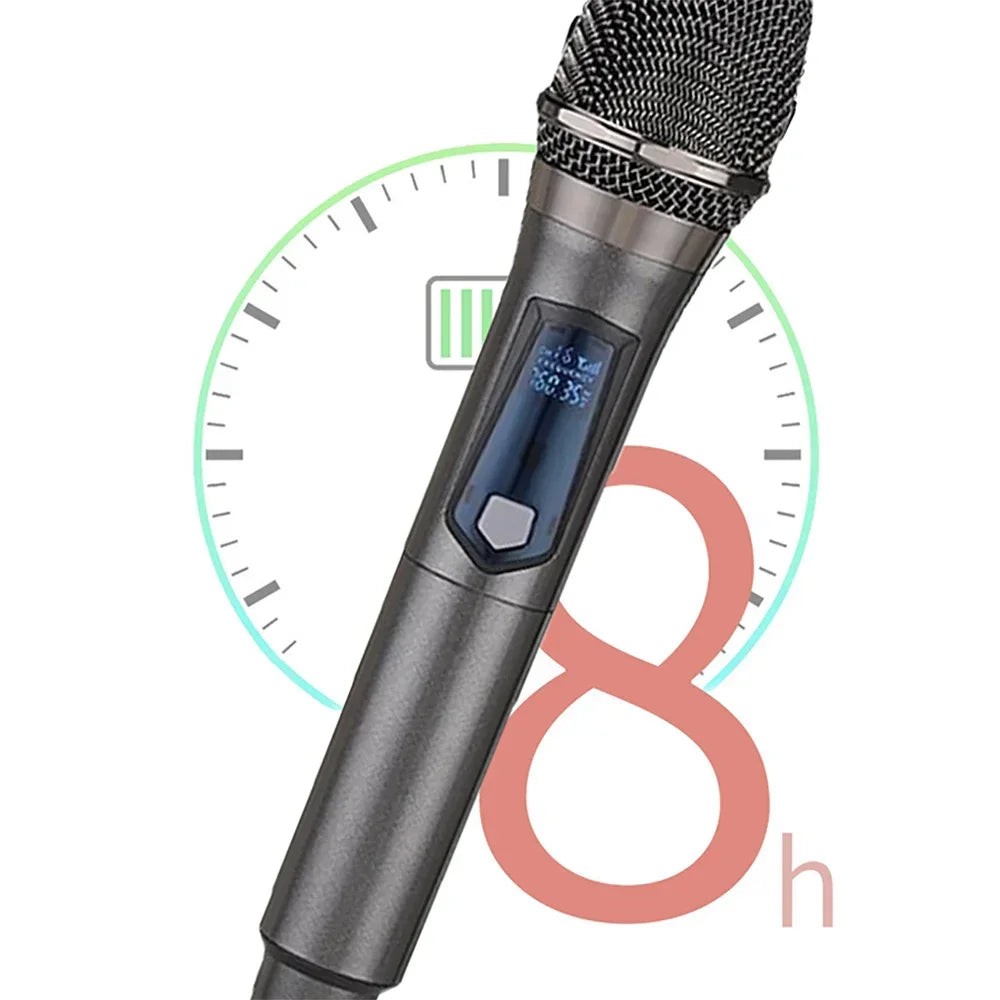 Handheld dark gray uhf wireless microphone with metallic grille and digital display for karaoke live party and meetings
