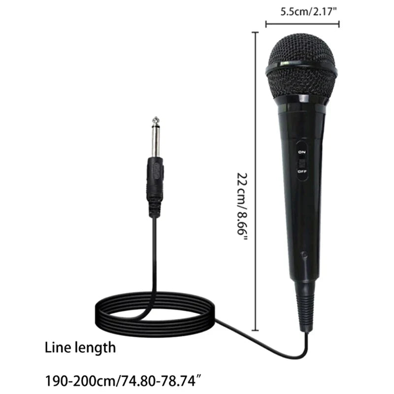 Black handheld microphone suited for karaoke singing machines with cardioid mic dynamic and adjustable cable for outdoor use