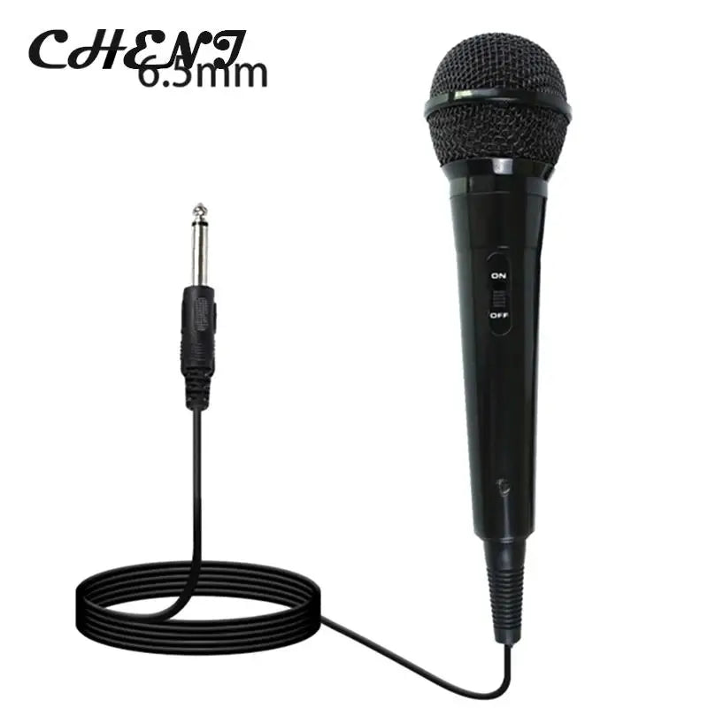 Black handheld microphone suited for karaoke singing machines with cardioid mic dynamic and on off switch for outdoor use