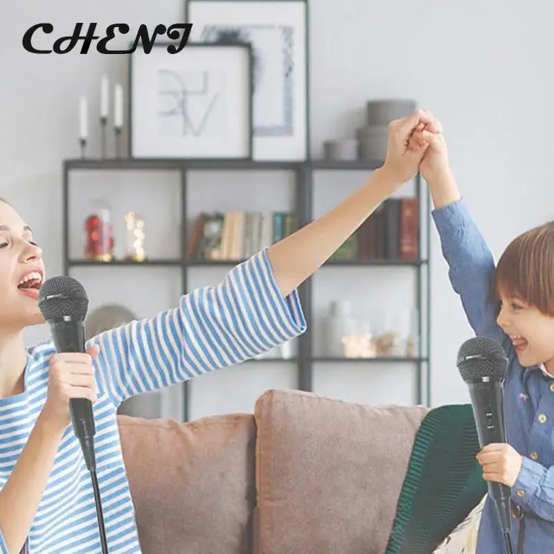 Black handheld microphone suited for karaoke singing machines with textured grip and cardioid mic dynamic design