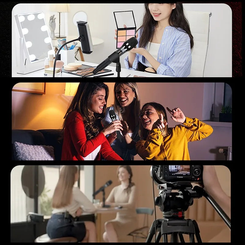 Black professional video camera on tripod showcasing handheld microphone with sound card effects and mic reverb connecting for equipment live use