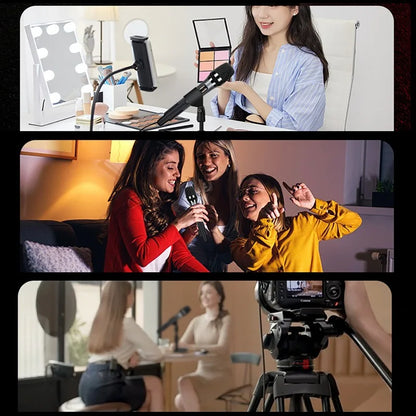 Black professional video camera on tripod showcasing handheld microphone with sound card effects and mic reverb connecting for equipment live use
