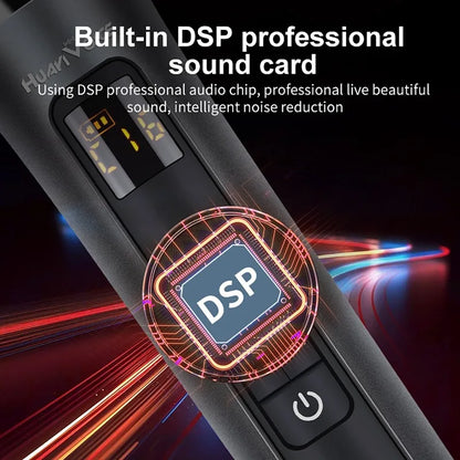 Black huanvee handheld microphone with built-in dsp sound card and illuminated control buttons for equipment live mic reverb connecting
