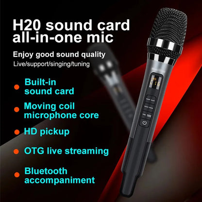 Black and silver h20 all-in-one handheld microphone with sound card effects and mic reverb connecting for equipment live use