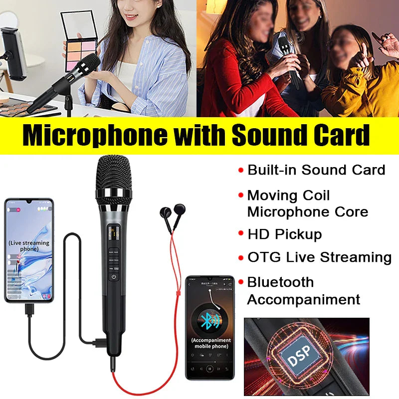 Black handheld microphone with silver grille and control buttons featuring built-in sound card effects for mic reverb connecting equipment live