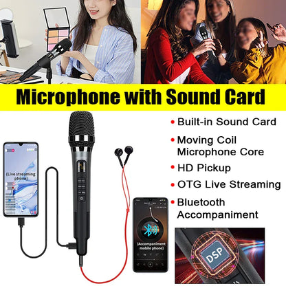 Black handheld microphone with silver grille and control buttons featuring built-in sound card effects for mic reverb connecting equipment live