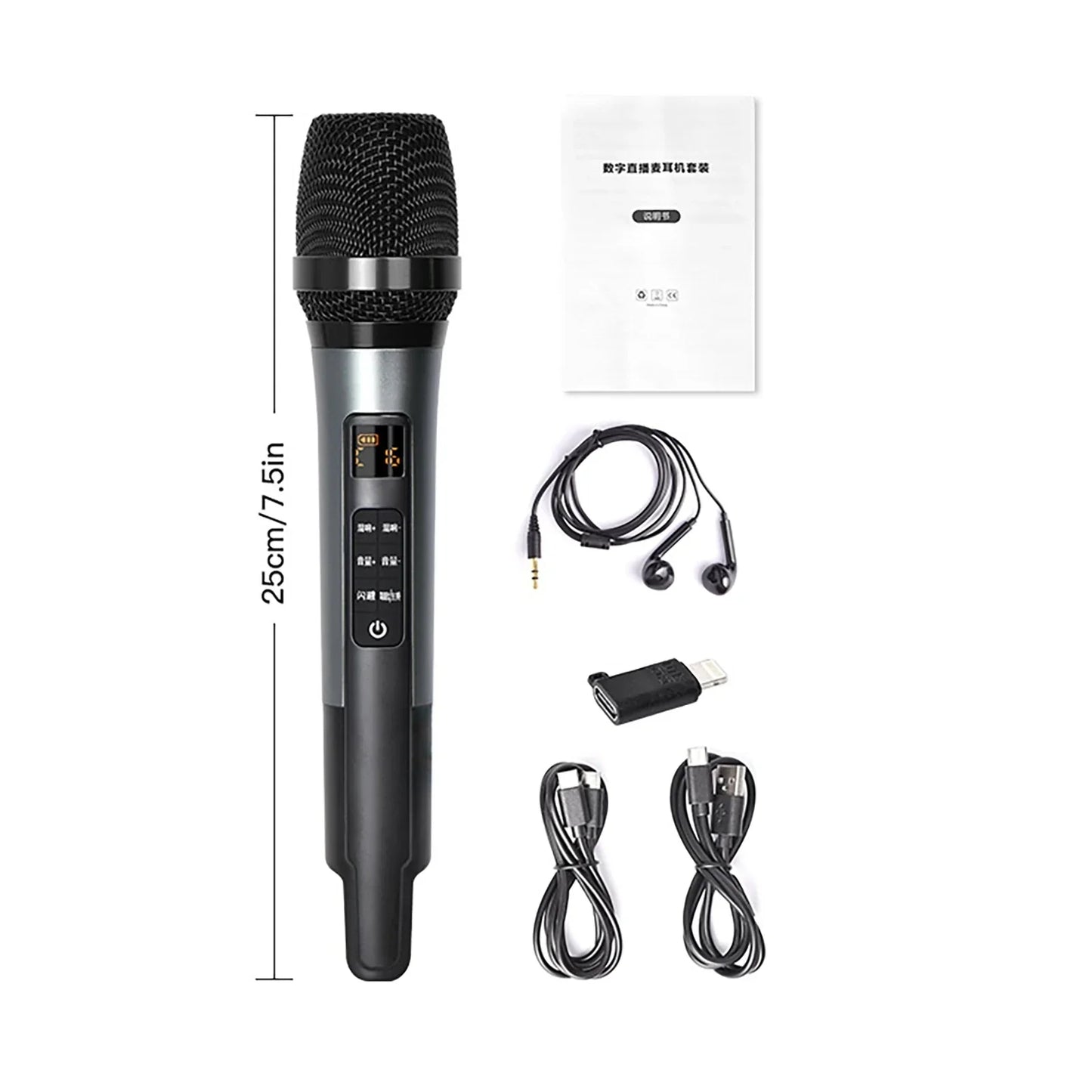 Black handheld microphone with silver accent and led panel featuring sound card effects and mic reverb connecting for equipment live