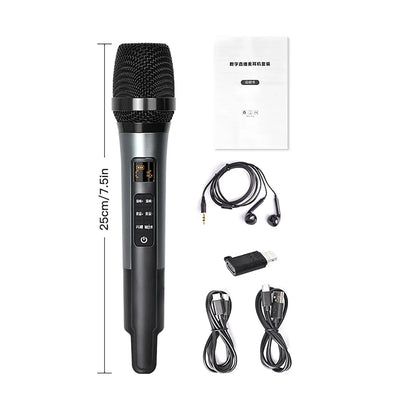 Black handheld microphone with silver accent and led panel featuring sound card effects and mic reverb connecting for equipment live