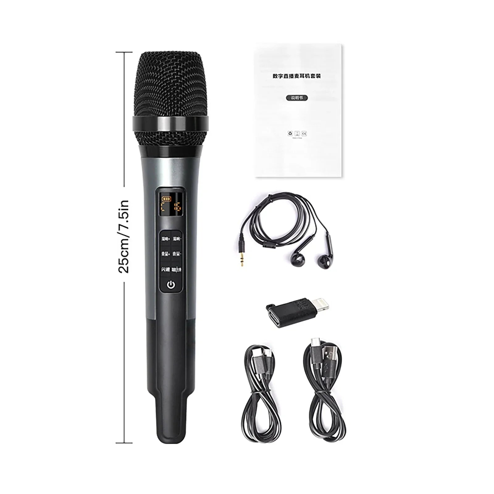 Black handheld microphone with textured grille silver accent and led display panel for mic reverb connecting equipment live