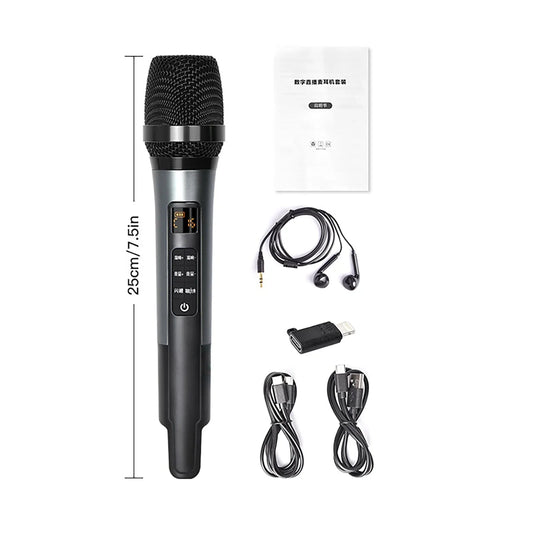 Black handheld microphone with textured grille silver accent and led display panel for mic reverb connecting equipment live