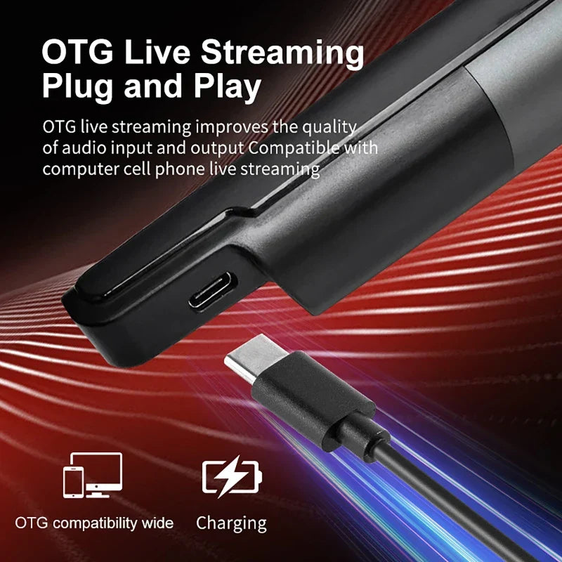 Black otg live streaming plug with usb-c and charging port for handheld microphone mic reverb connecting equipment live
