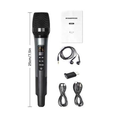 Black wireless handheld microphone with mesh grille and digital display panel for sound card effects and mic reverb connecting equipment live