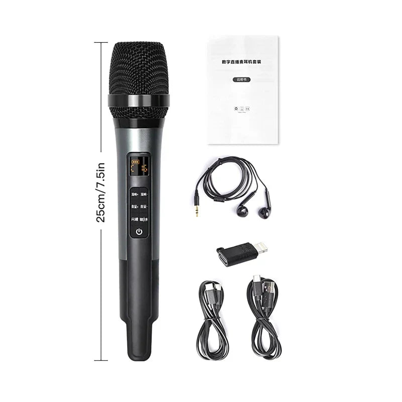 Black handheld microphone with mesh grille digital display panel featuring mic reverb connecting for equipment live use