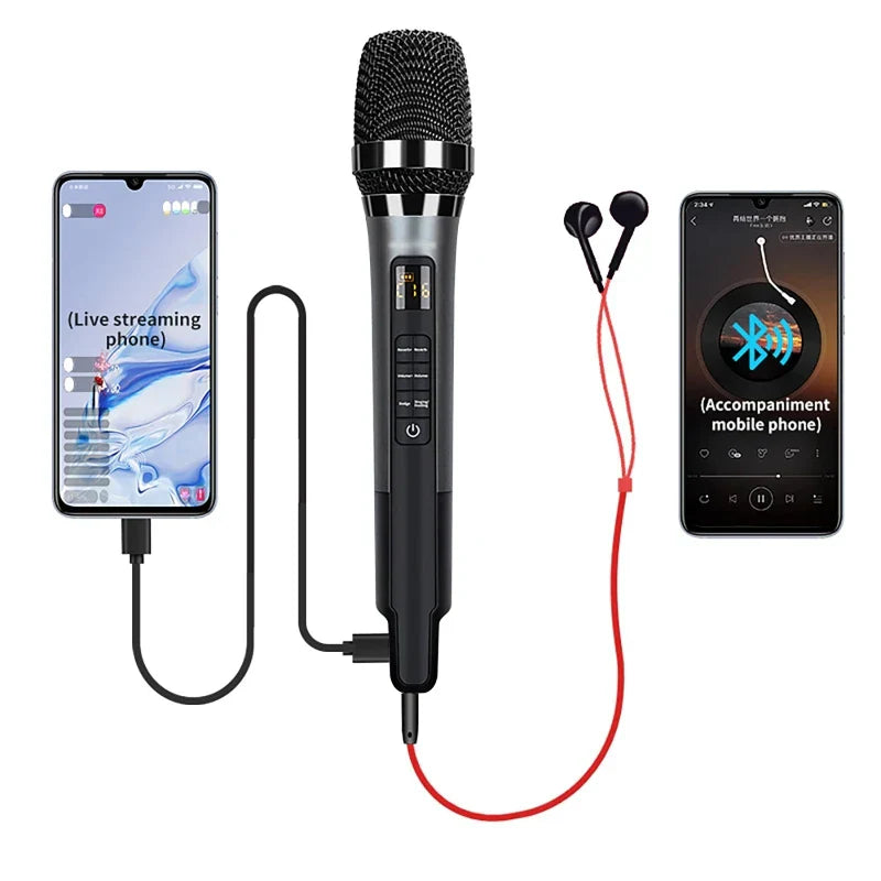 Black handheld microphone with mesh grille and digital display featuring mic reverb connecting two smartphones for equipment live use