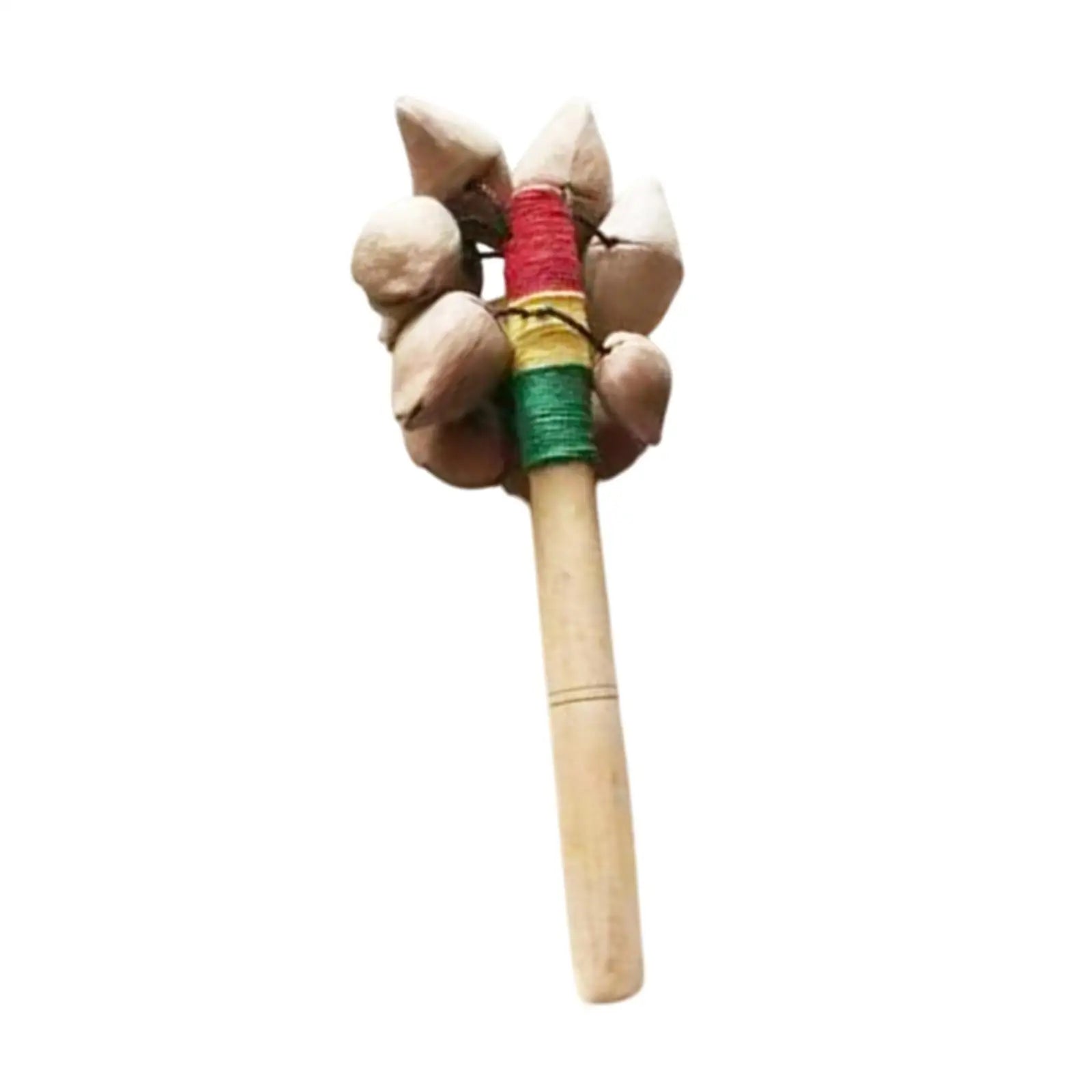Handcrafted wooden nut shell shaker with natural beige shells and red yellow green bands handmade handheld bell for concerts