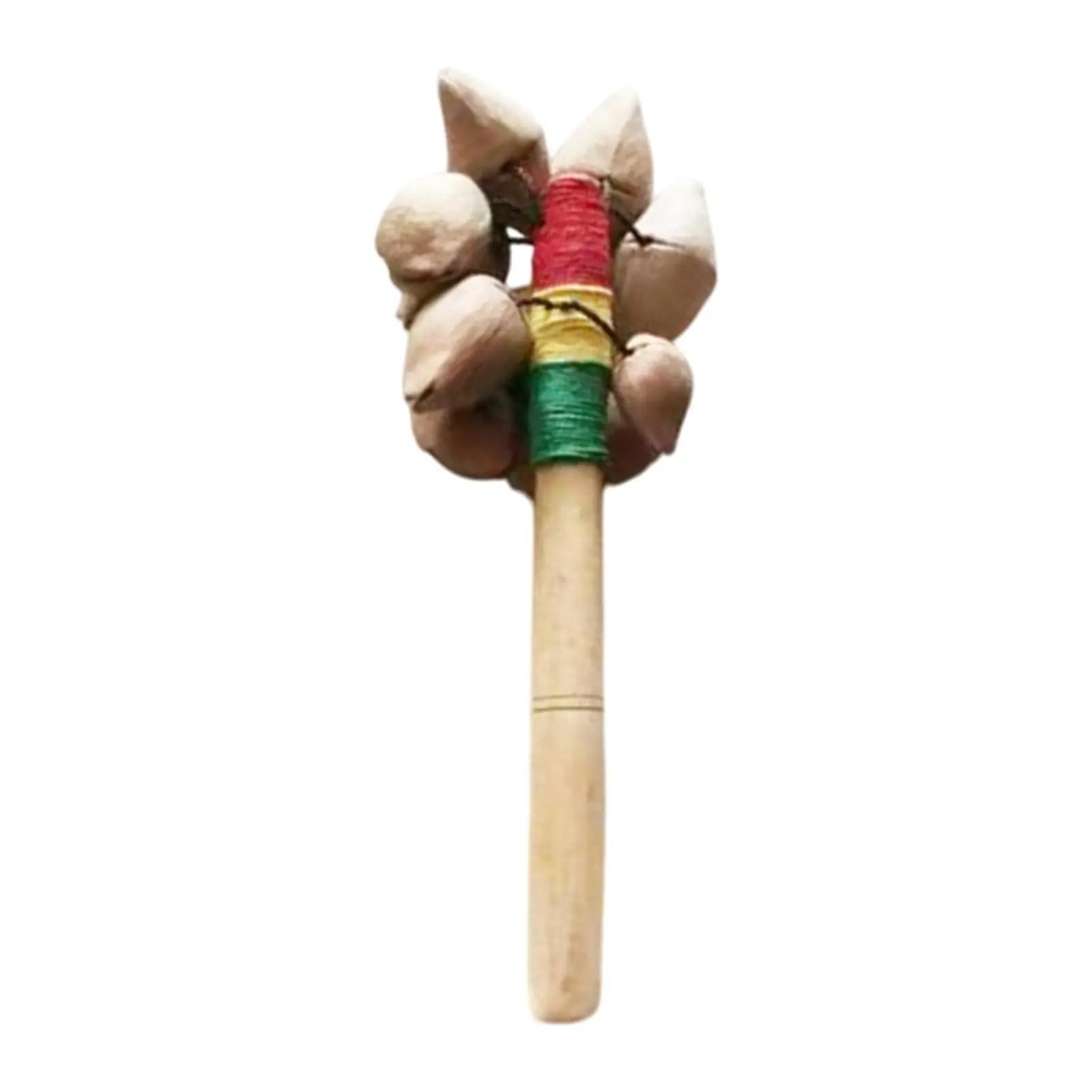 Handcrafted wooden nut shell shaker with natural shells and vibrant red yellow green bands for home concerts and parties
