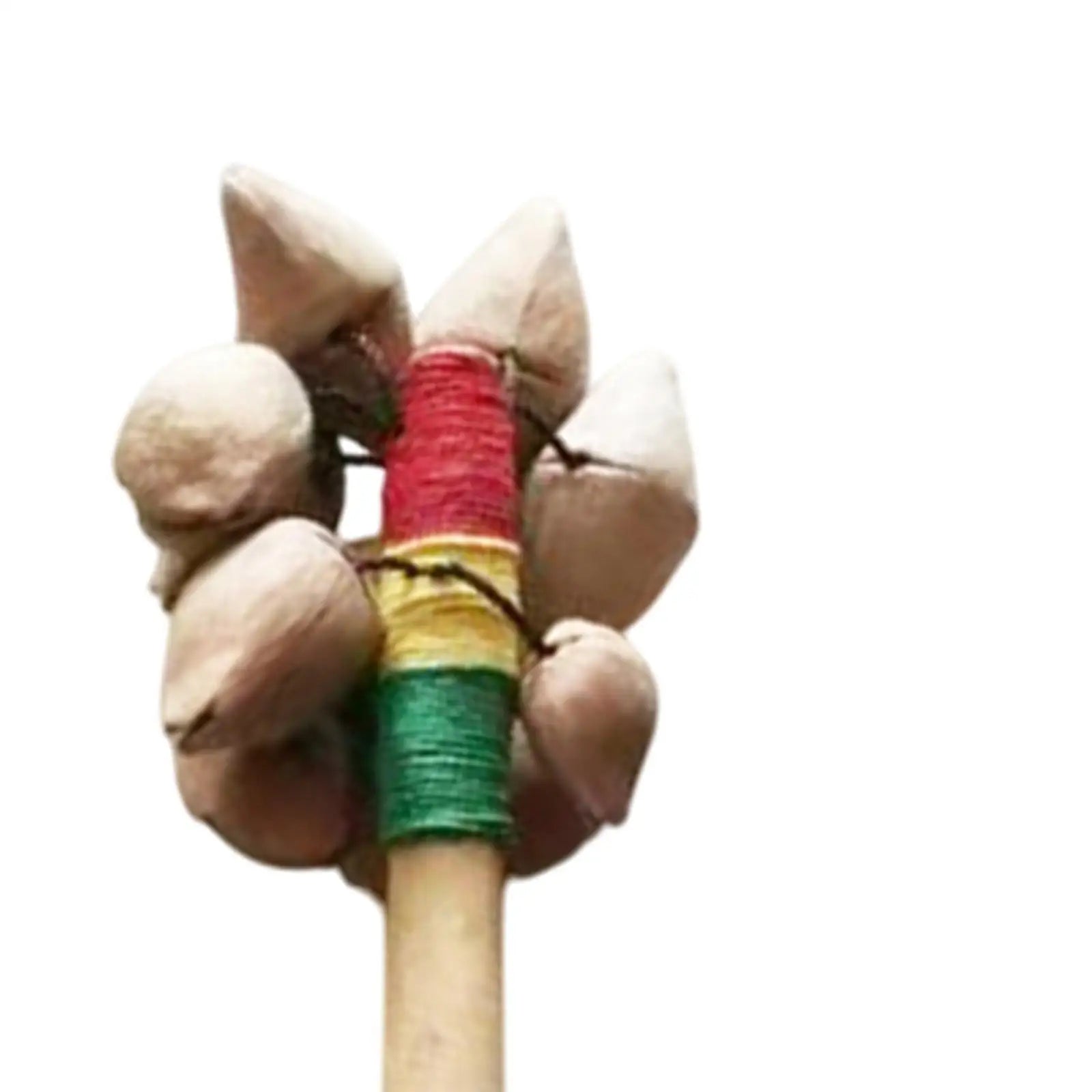 Handcrafted wooden nut shell shaker with natural nuts and vibrant red yellow green bands for handheld bell use